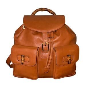 Gucci Vintage Brown Leather and Bamboo Backpack Bag With Dust bag